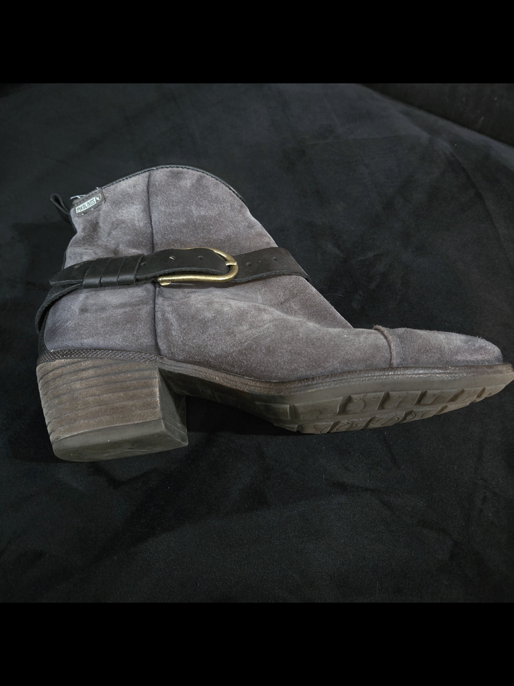 Pikolinos Grey Suede Leather Ankle Boots With Brass Buckle Strap. Made In Spain